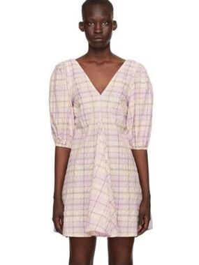 Ganni seersucker lilac billowy sleeve dress small